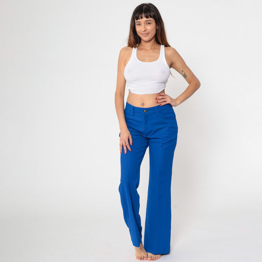 70s Lee Royal Blue Flared Pants High Rise Bell Bottom Trousers Men's 32