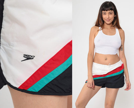 90s Speedo Swim Trunks Black White Colour Block Striped Men's Medium
