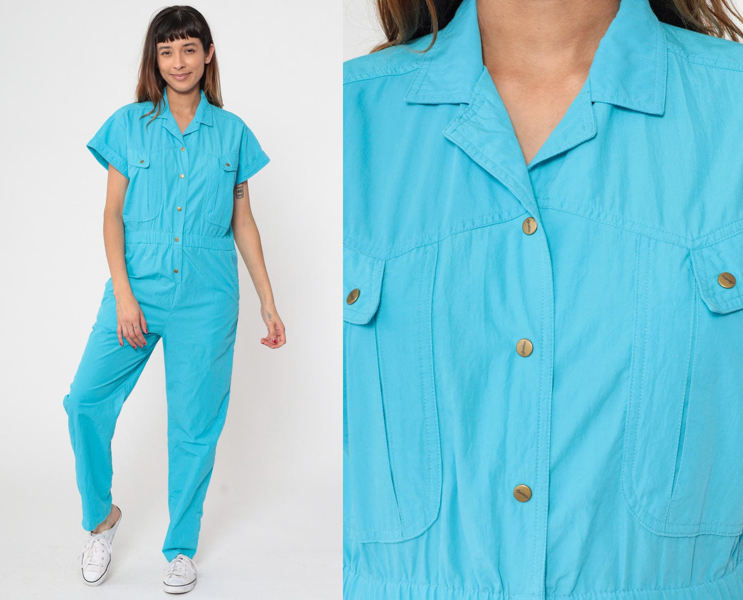 80s Turquoise Jumpsuit Snap Button High Waist Tapered Leg Small S