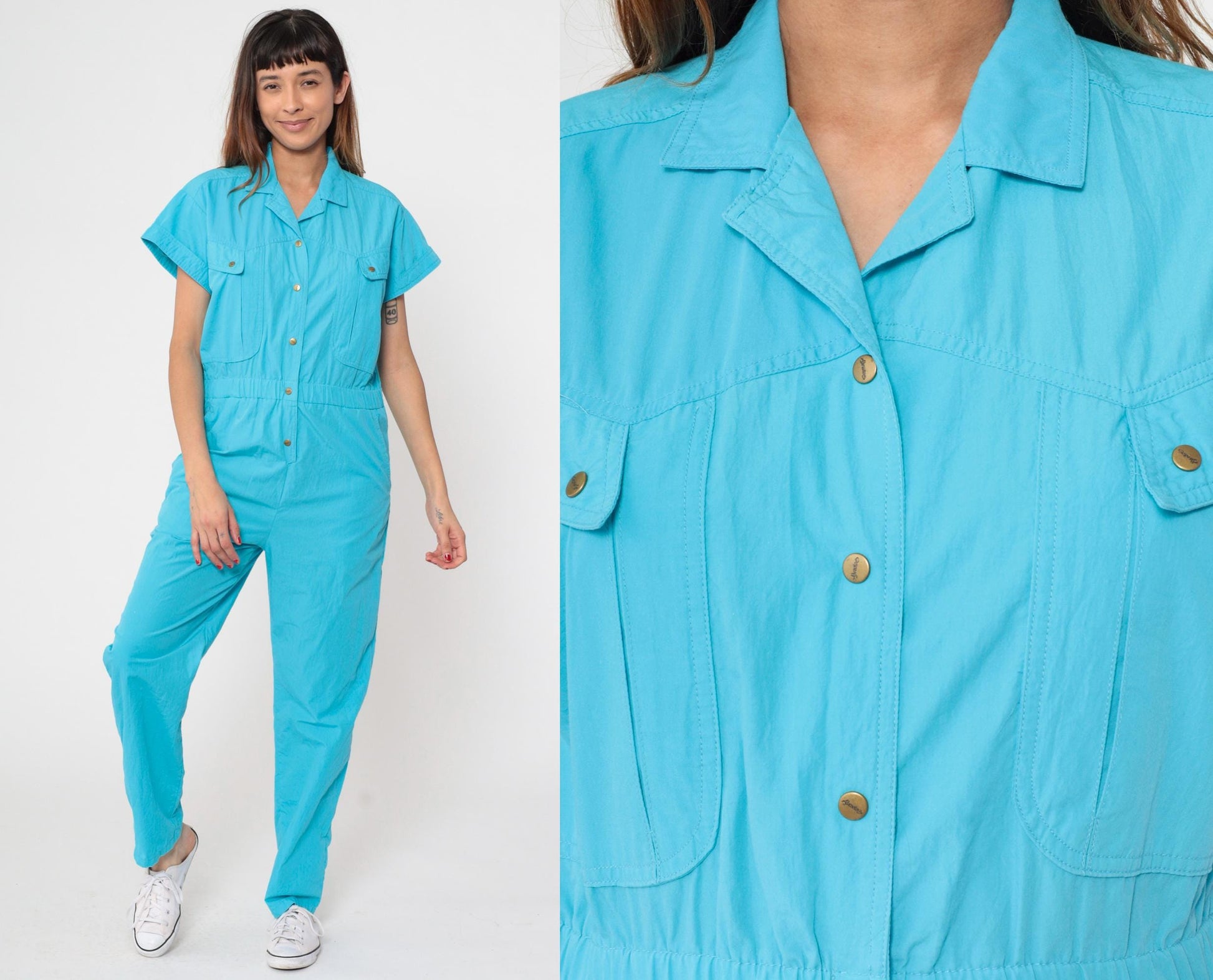 80s Turquoise Jumpsuit Snap Button High Waist Tapered Leg Small S