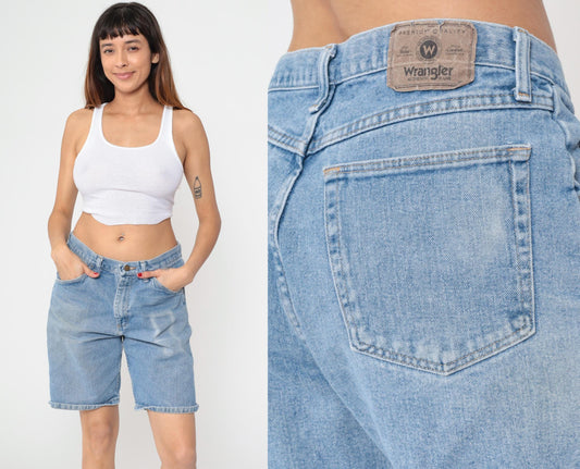 Y2K Wrangler High Waist Denim Shorts Blue Bermuda Relaxed Fit 33