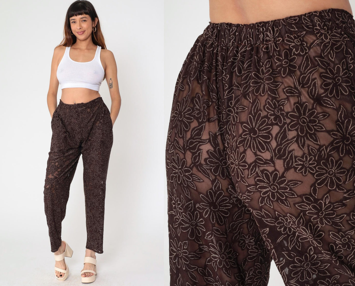 90s Brown Sheer Floral Burnout High-Waist Straight Tapered Trousers Small