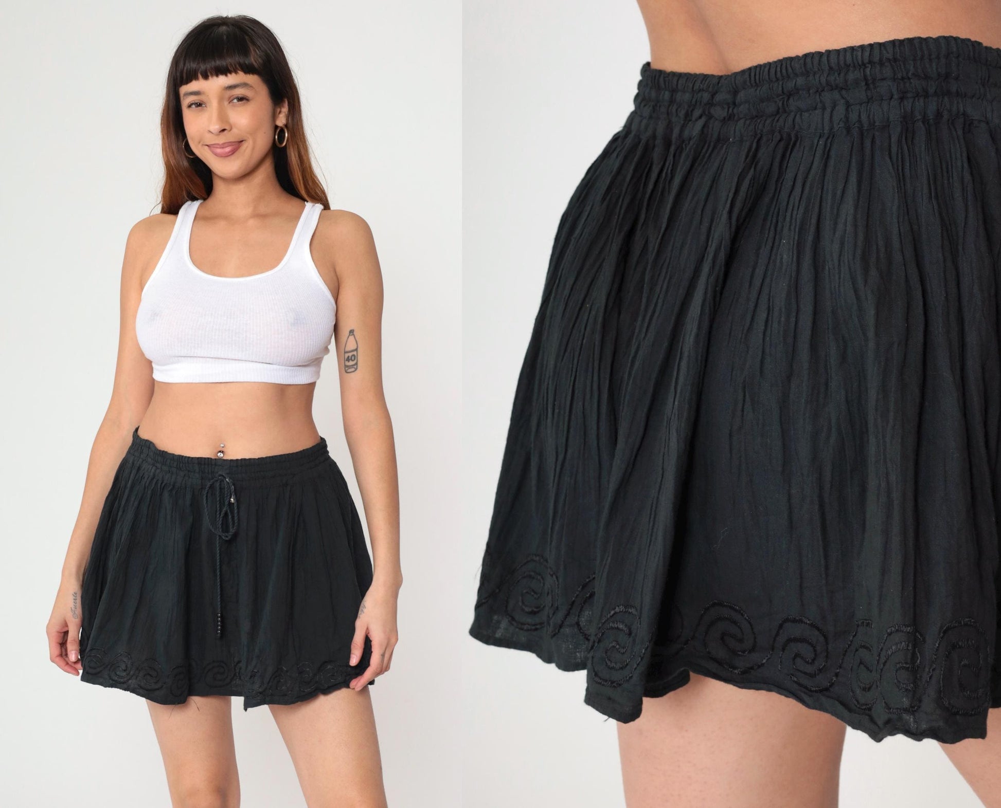 00s Black Broomstick Skirt Embroidered Elastic Waist Mini Medium Large