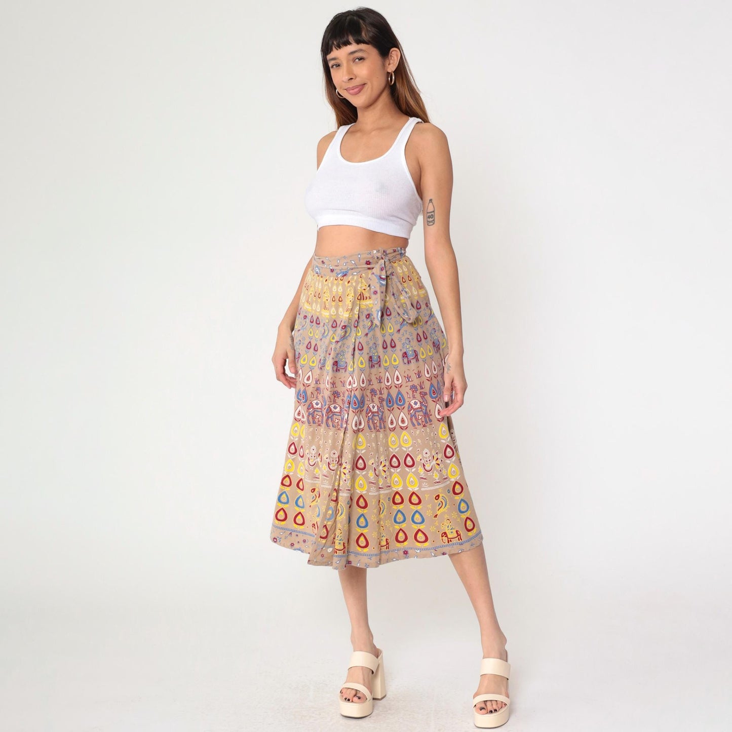 90s Indian Wrap Skirt Camel Floral Print Midi Cotton Small-Large