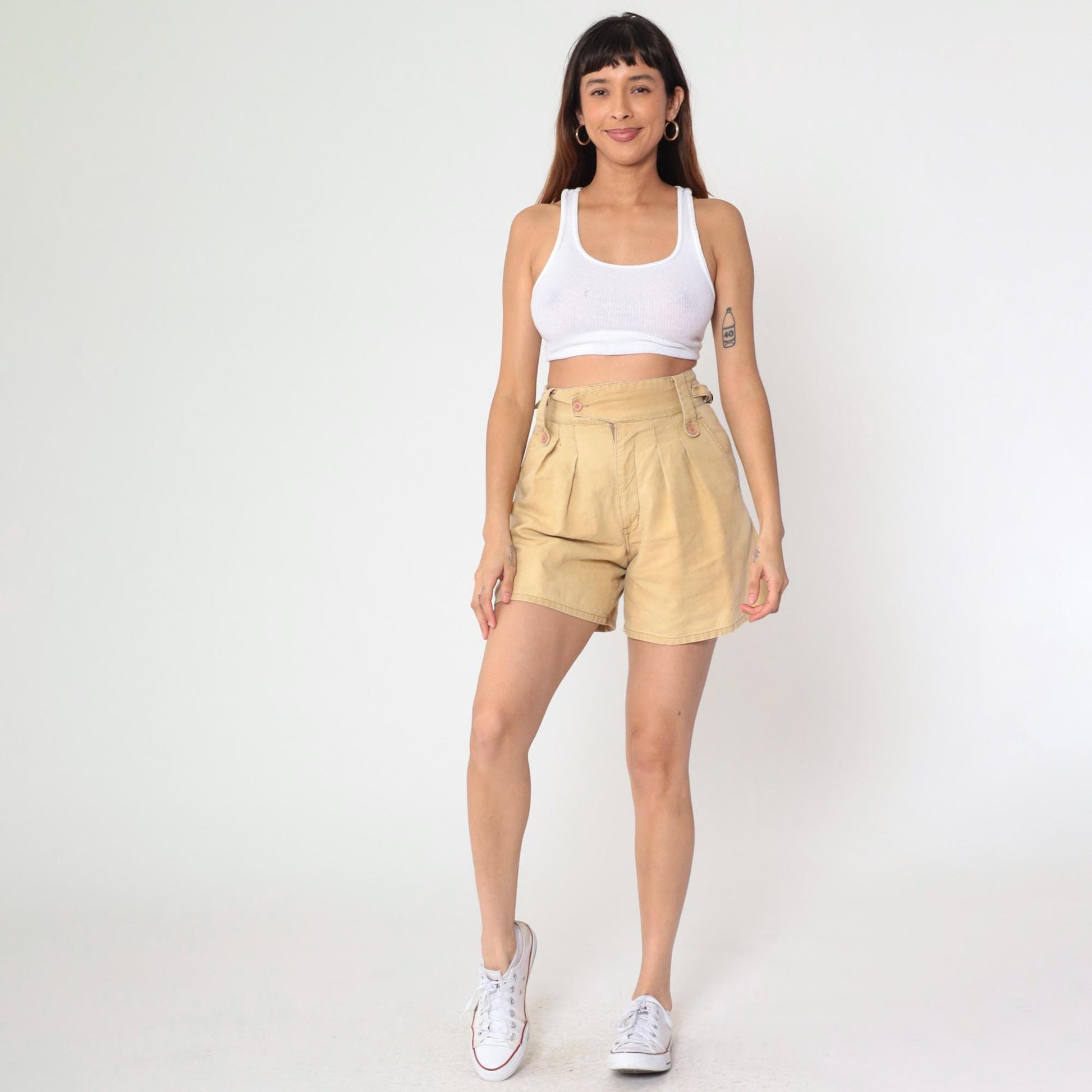 80s Palmettos Tan Pleated High-Waist Shorts Ramie Cotton Petite Small