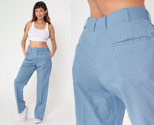 70s Blue Pinstripe Straight Leg Trousers High Waist White Stripes Men's Medium 32