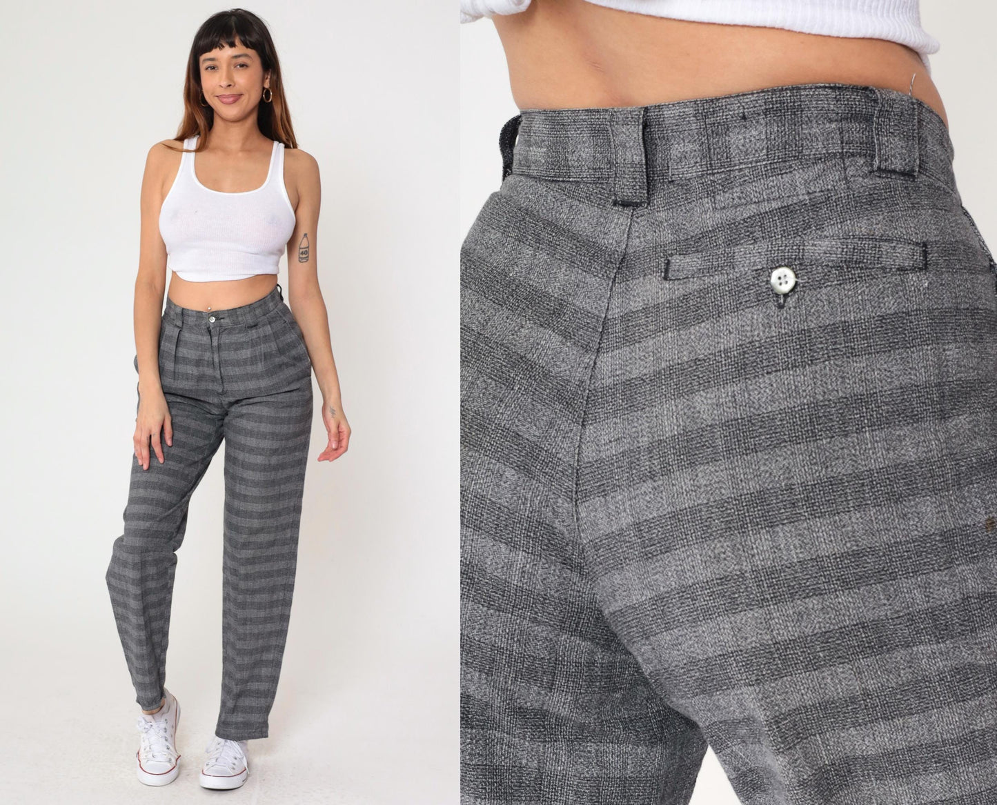 80s Generra Grey Striped Pleated Trousers High Waist Tapered Cotton Small