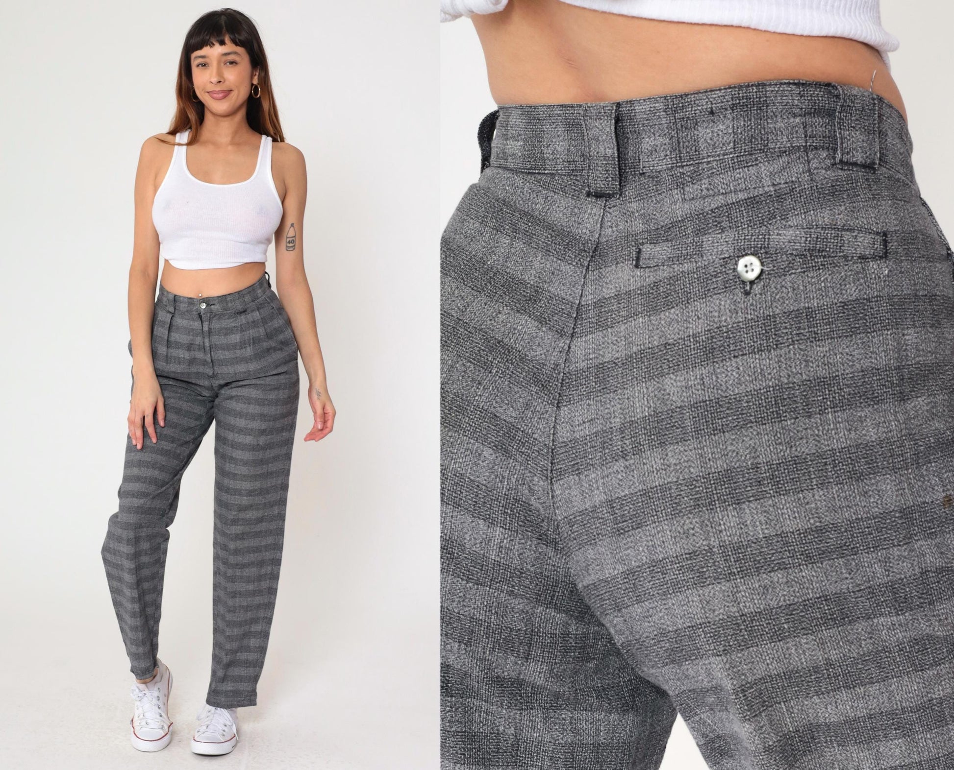 80s Generra Grey Striped Pleated Trousers High Waist Tapered Cotton Small