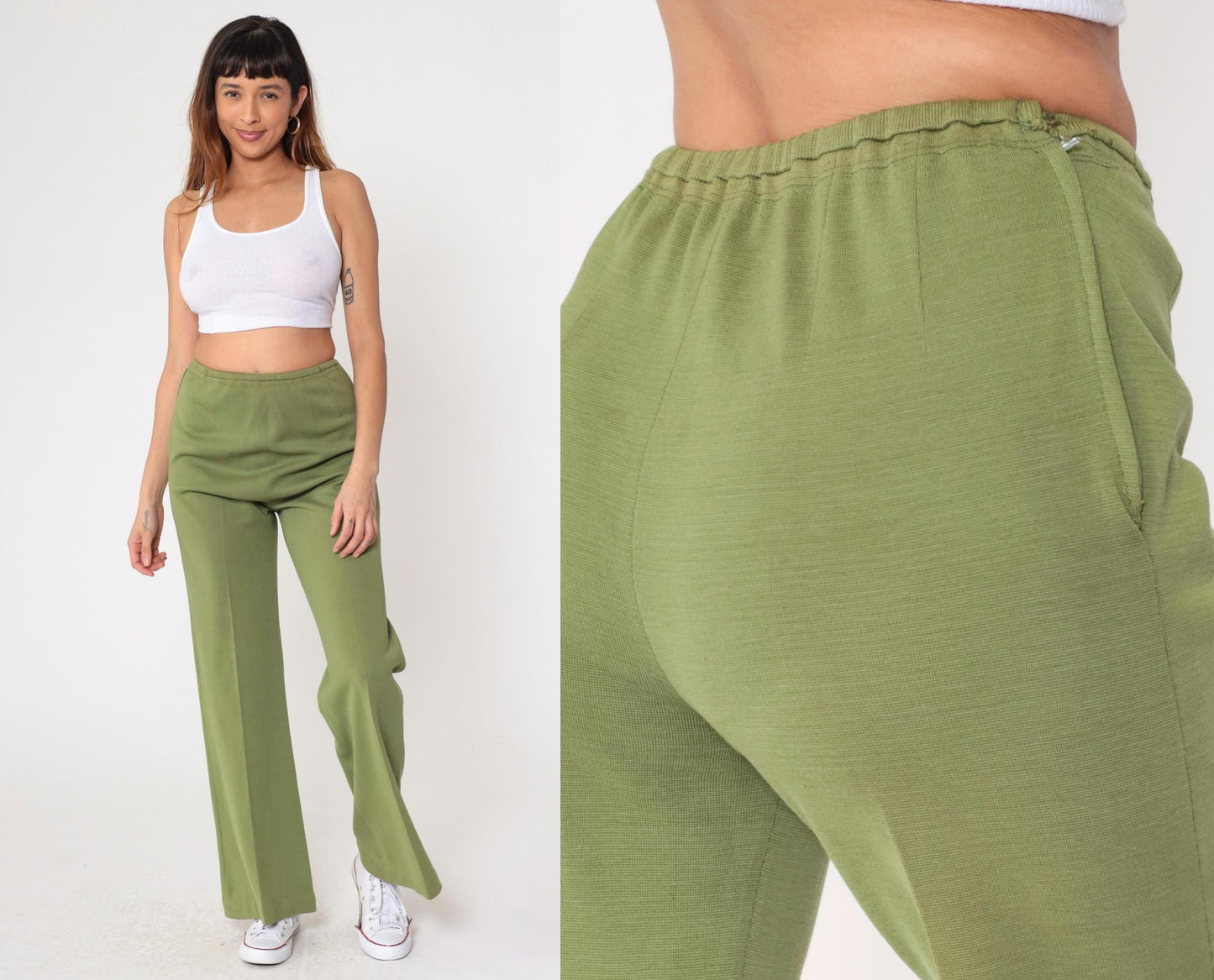 60s Zephyr Wool Flared Trousers Green High Rise Side Zip Small