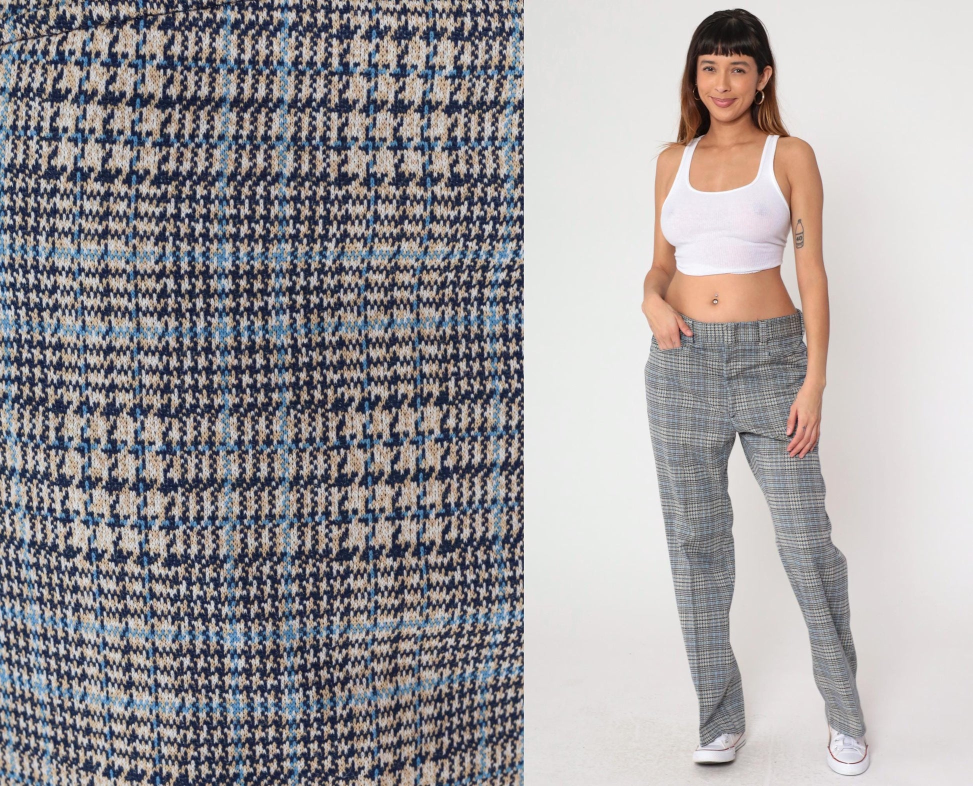 70s Navy Plaid Bell Bottom Trousers High Waisted Flared Pants Large 36