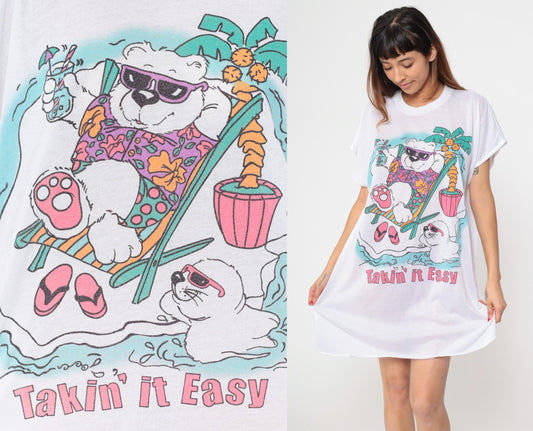 80s Tropical Beach Graphic T-Shirt Dress Bear Seal White Burnout One Size