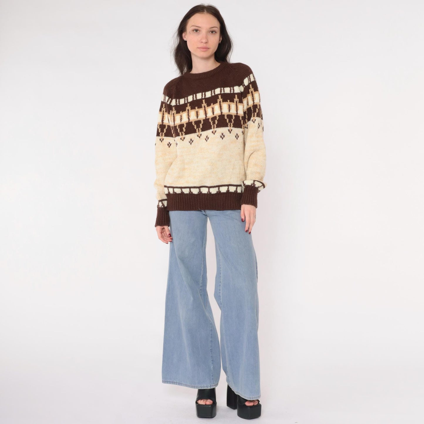80s Nordic Geometric Knit Sweater Brown Cream Marled Pullover Medium