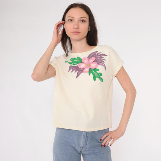 80s Cream Floral Hand Painted Cap Sleeve T-Shirt Pink Purple Graphic Medium