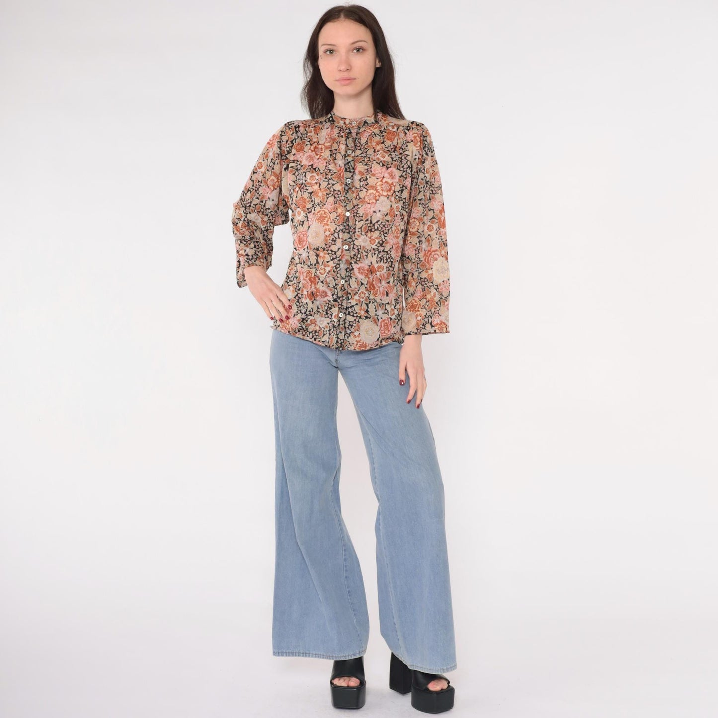 70s Floral Puff Sleeve Button-Up Blouse Burnt Orange Pink Medium M