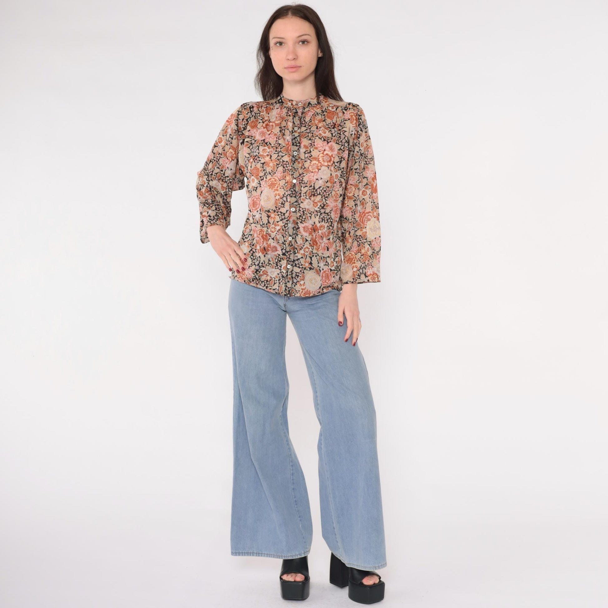 70s Floral Puff Sleeve Button-Up Blouse Burnt Orange Pink Medium M