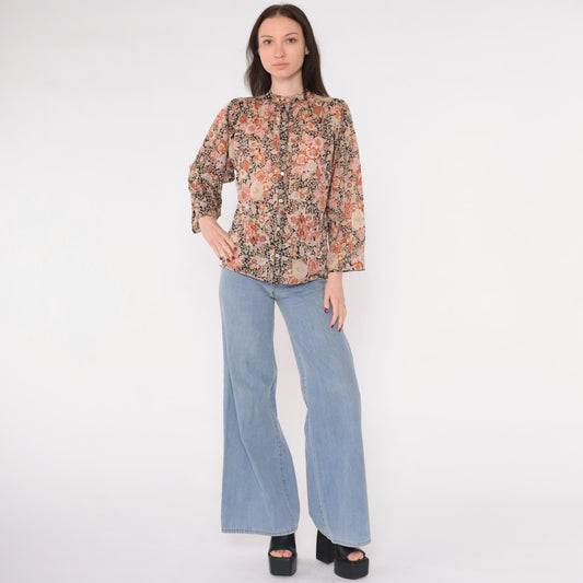 70s Floral Puff Sleeve Button-Up Blouse Burnt Orange Pink Medium M