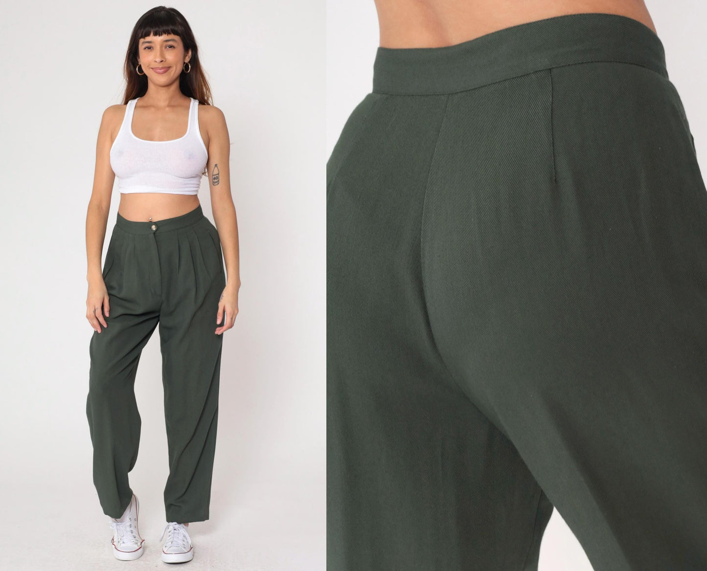 Y2K Dark Green Pleated High-Waist Trousers Straight Leg Medium