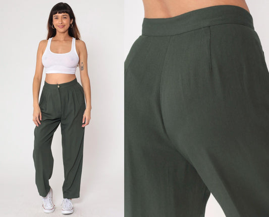 Y2K Dark Green Pleated High-Waist Trousers Straight Leg Medium