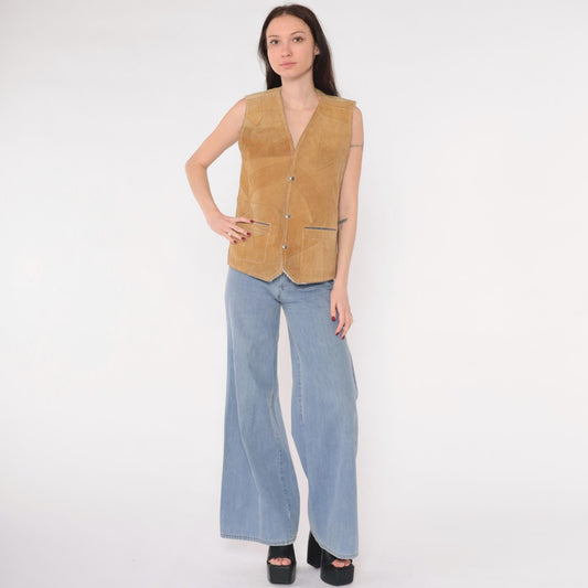 70s Tan Patchwork Suede Vest Sherpa Lined Snap Front Sleeveless Small