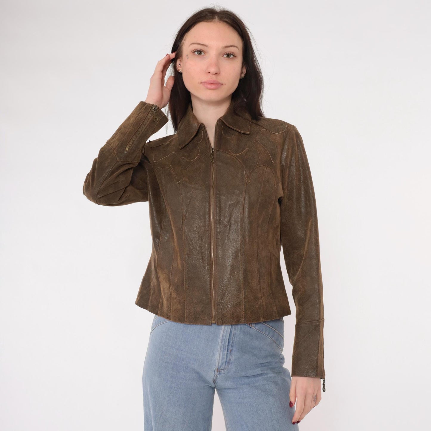 Y2K Brown Leather Moto Jacket Western Flame Applique Fitted Zip Small S