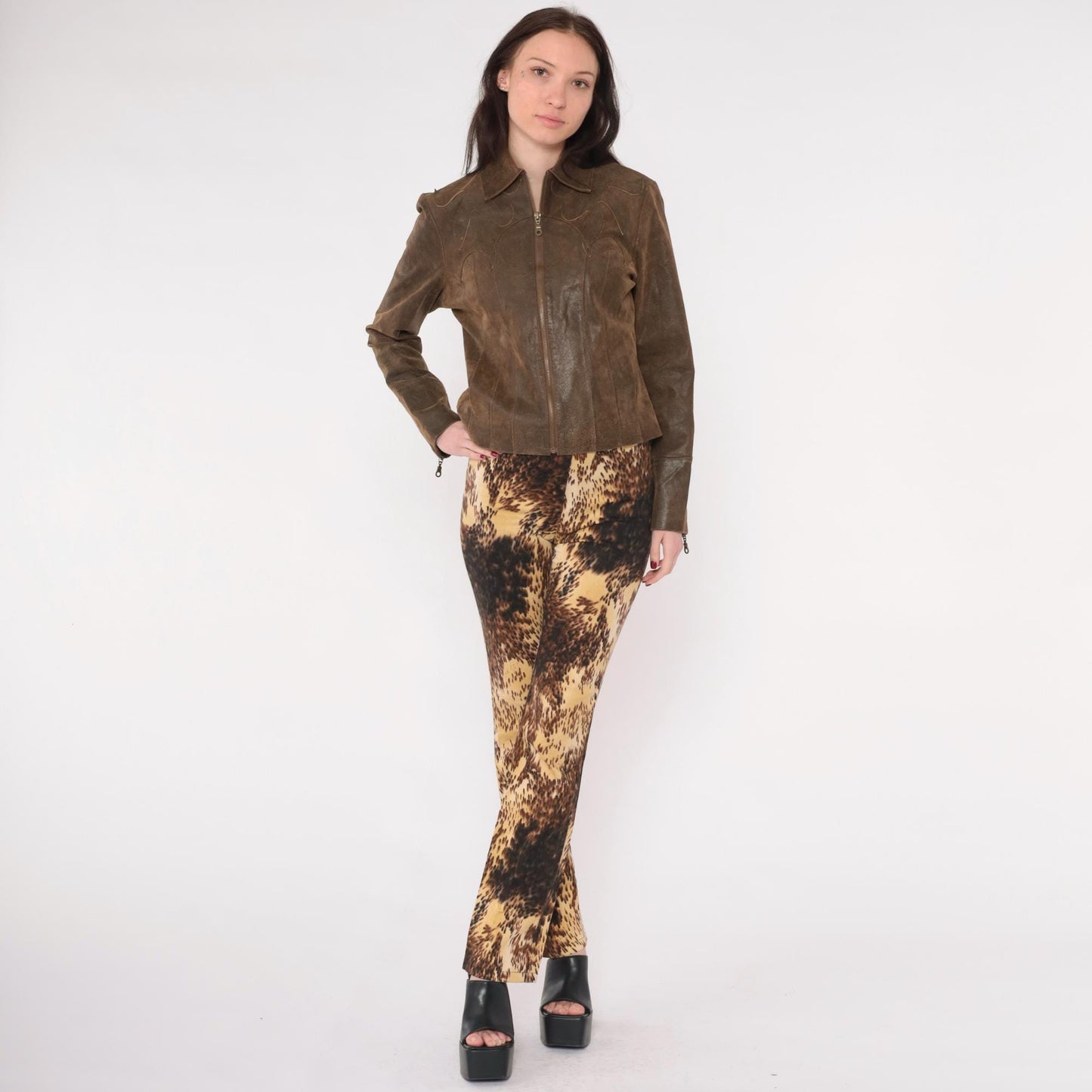 Y2K Cache Abstract Leopard Flared Pants High Rise Brown Yellow Small