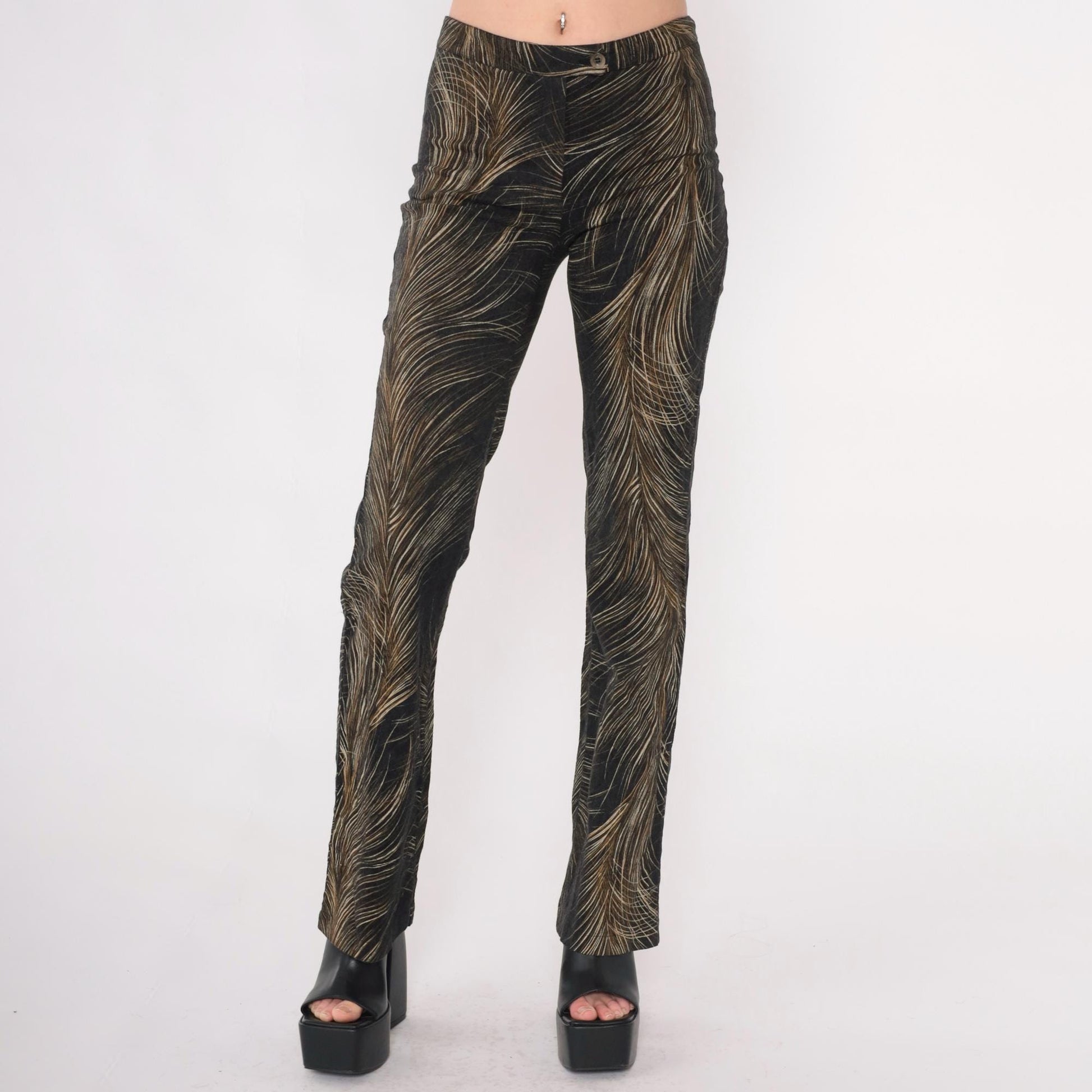 Y2K Cache Feather Print Flared Pants Brown Mid Rise Extra Small