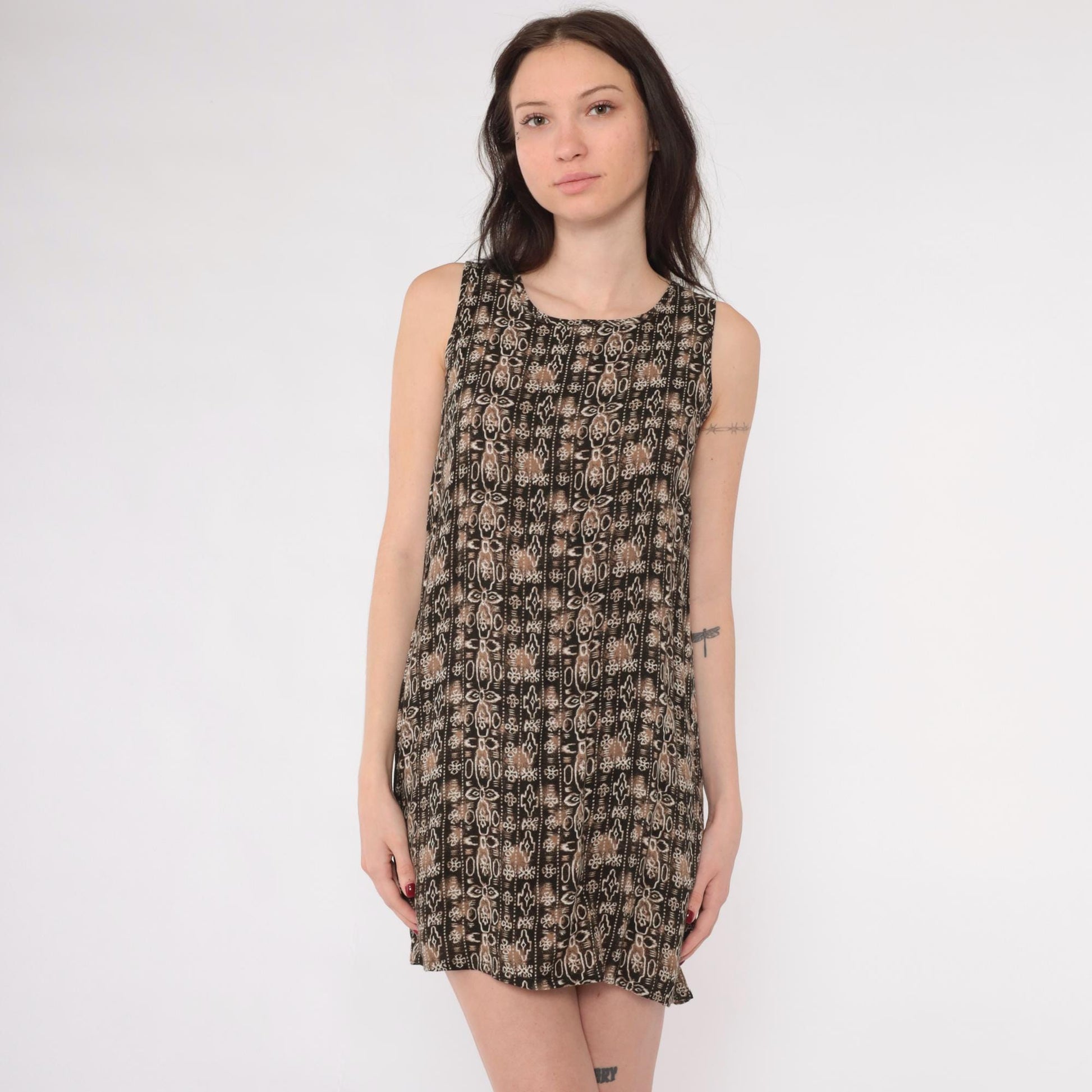 90s Geometric Mini Shift Dress Tan Brown Sleeveless Extra Small
