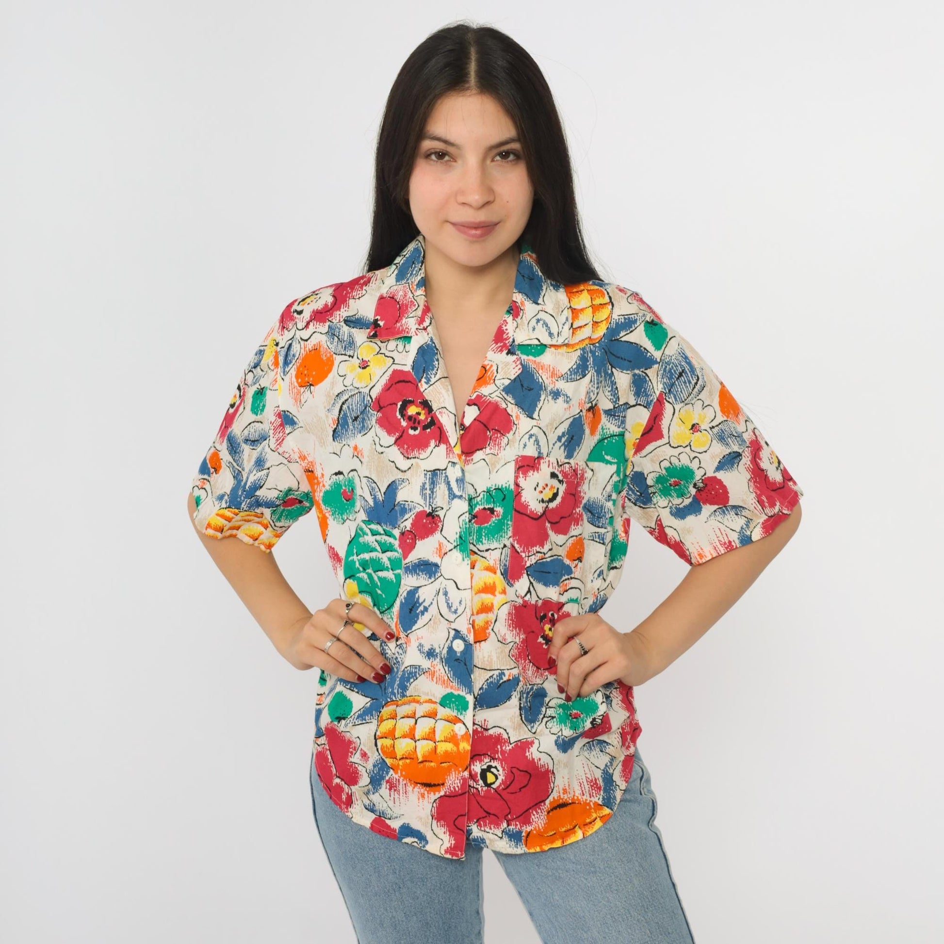 90s Pineapple Floral Print Button Up Blouse Short Sleeve White Red Medium M