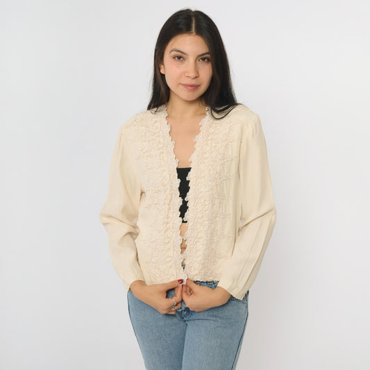 90s Wild Rose Cream Cardigan Floral Embroidered Lace Trim Long Sleeve Medium