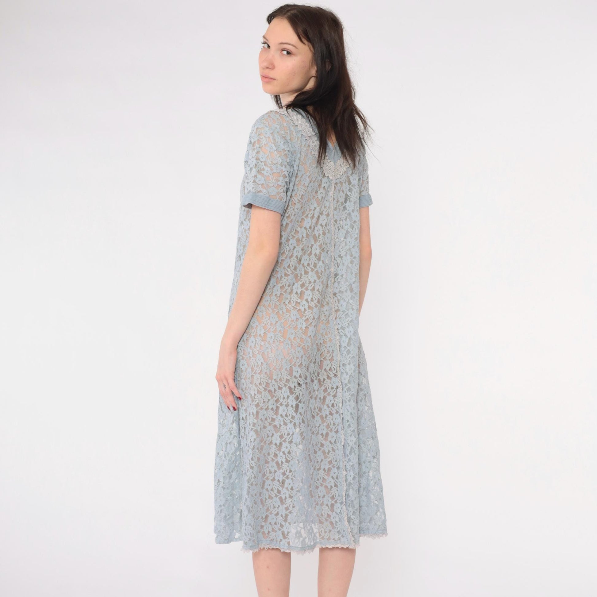 90s Blue Floral Lace Midi Dress Short Sleeve Shift Medium M