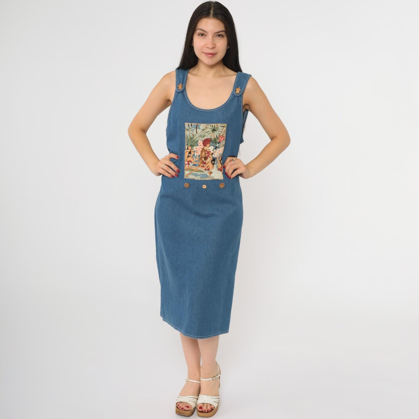 90s Hawaiian Denim Jumper Dress Tropical Print Midi Medium Petite
