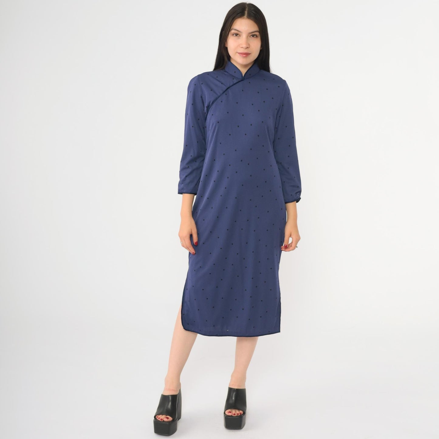 80s Navy Polka Dot Cheongsam Midi Dress Mandarin Collar Side Slit Medium M