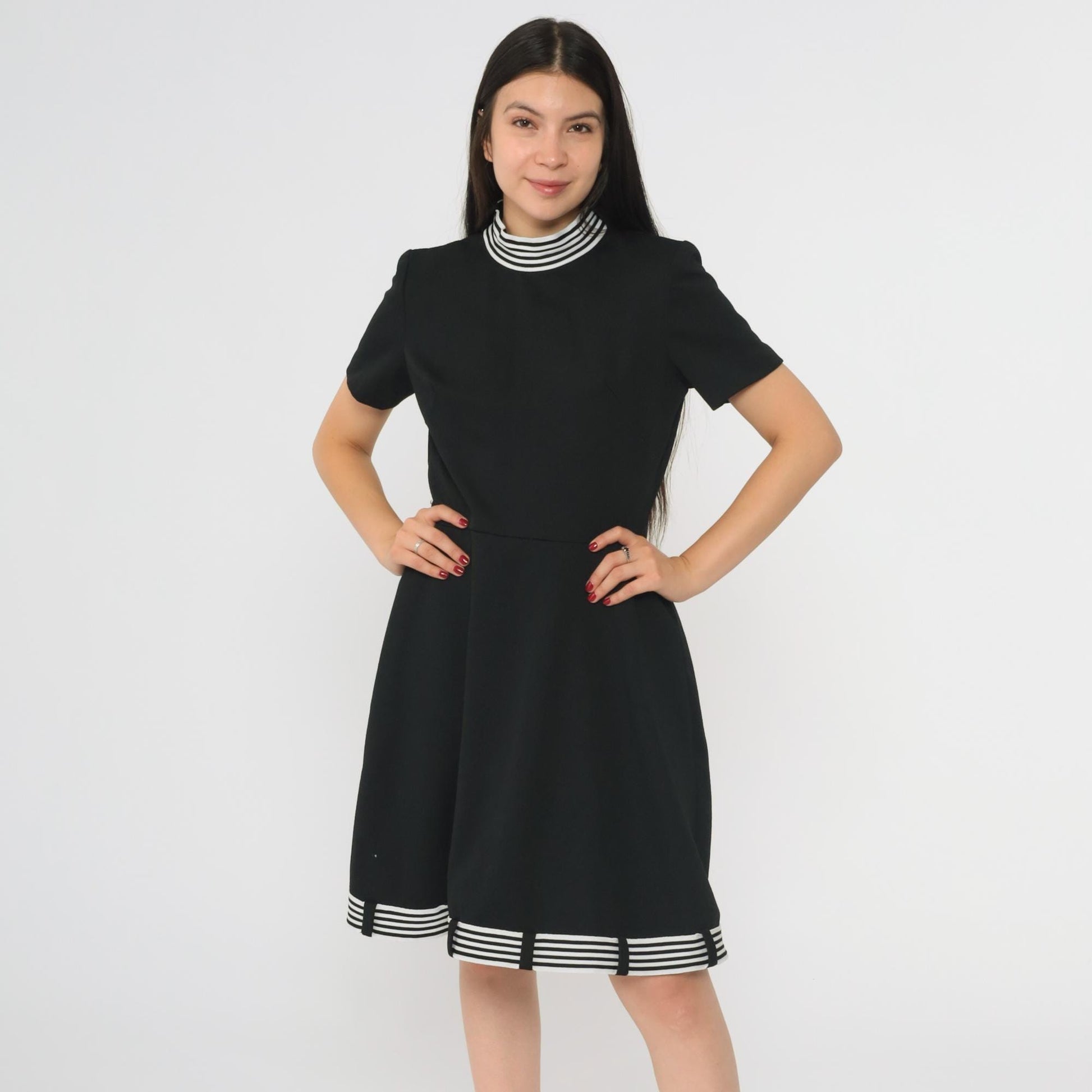 60s Black Mod Shift Dress White Striped Mock Neck Mini Small S
