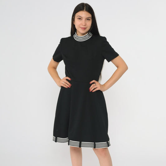 60s Black Mod Shift Dress White Striped Mock Neck Mini Small S