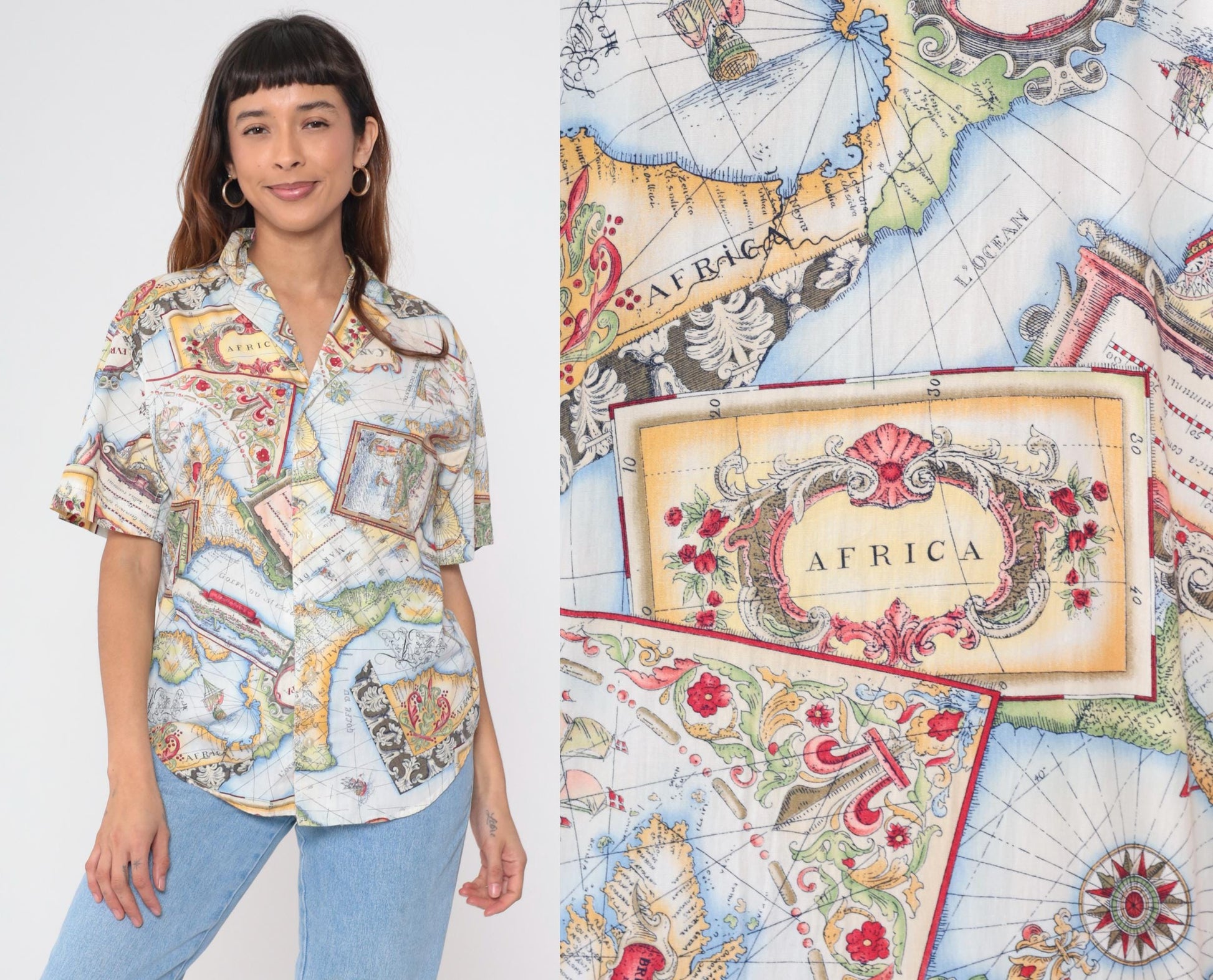 90s Lizwear Africa Map Print Cotton Button Up Shirt Small S