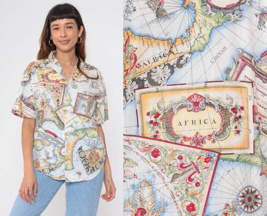 90s Lizwear Africa Map Print Cotton Button Up Shirt Small S