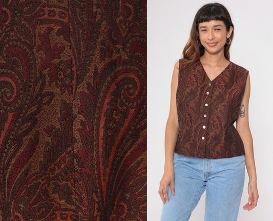 90s Liz Claiborne Paisley Jacquard Vest Button-Up V-Neck Burnt Orange Large