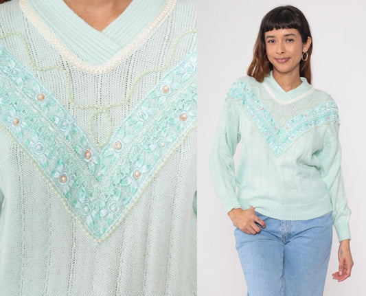 80s Seafoam Pearl Beaded Chevron Sweater Shawl Collar Knit Small