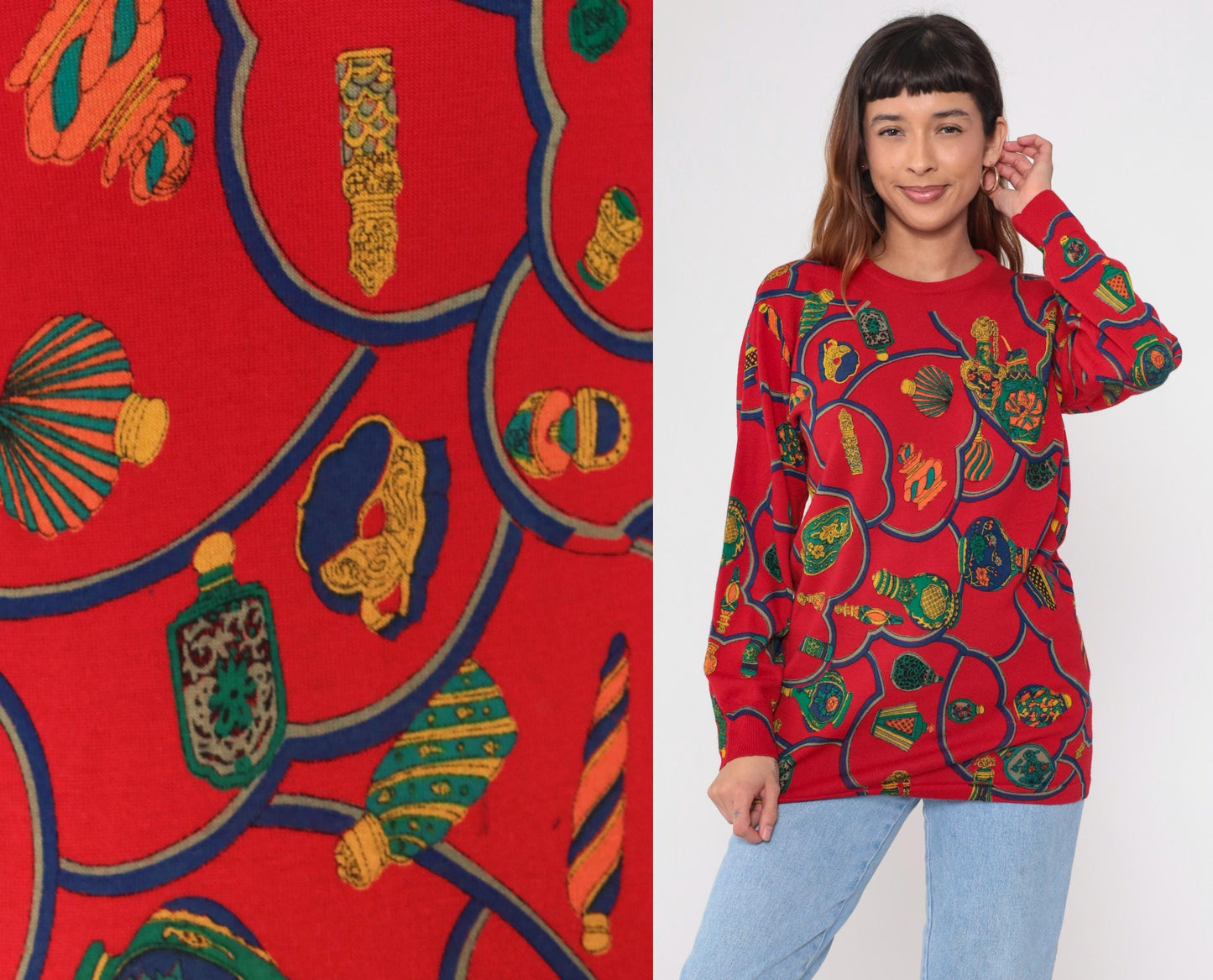 Y2K Red Wool Sweater Perfume Bottle Graphic Crewneck Medium M