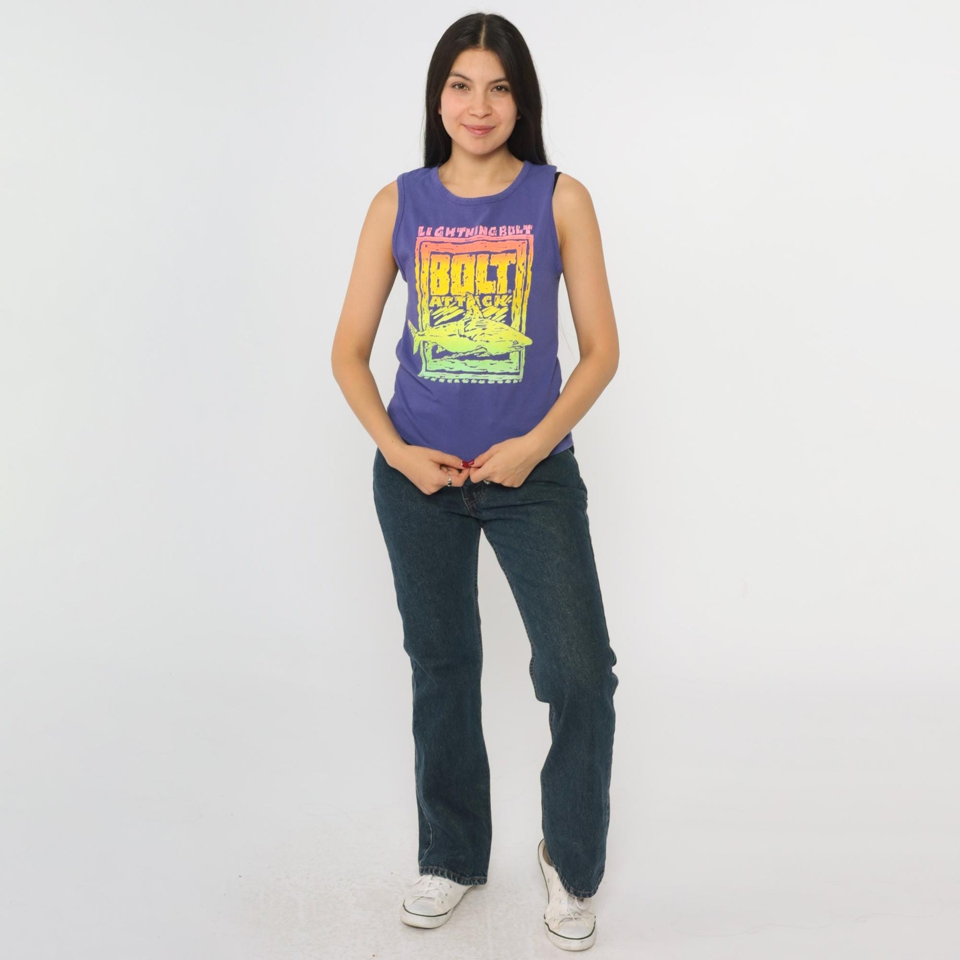 90s Lightning Bolt Shark Graphic Tank Top Purple Neon Sleeveless Extra Small