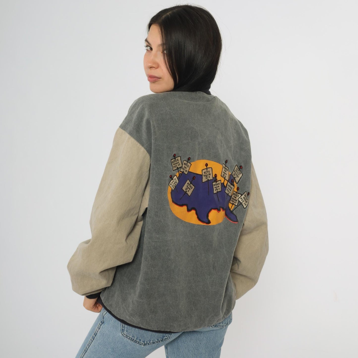 90s Meredith Broadcasting Bomber Jacket Canvas Colorblock Grey Medium