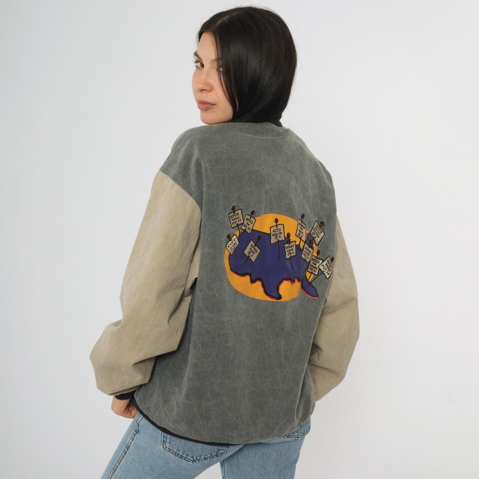 90s Meredith Broadcasting Bomber Jacket Canvas Colorblock Grey Medium