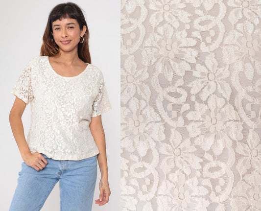 90s Cream Lace Blouse Sheer Sleeve Scoop Neck Party Top Large L