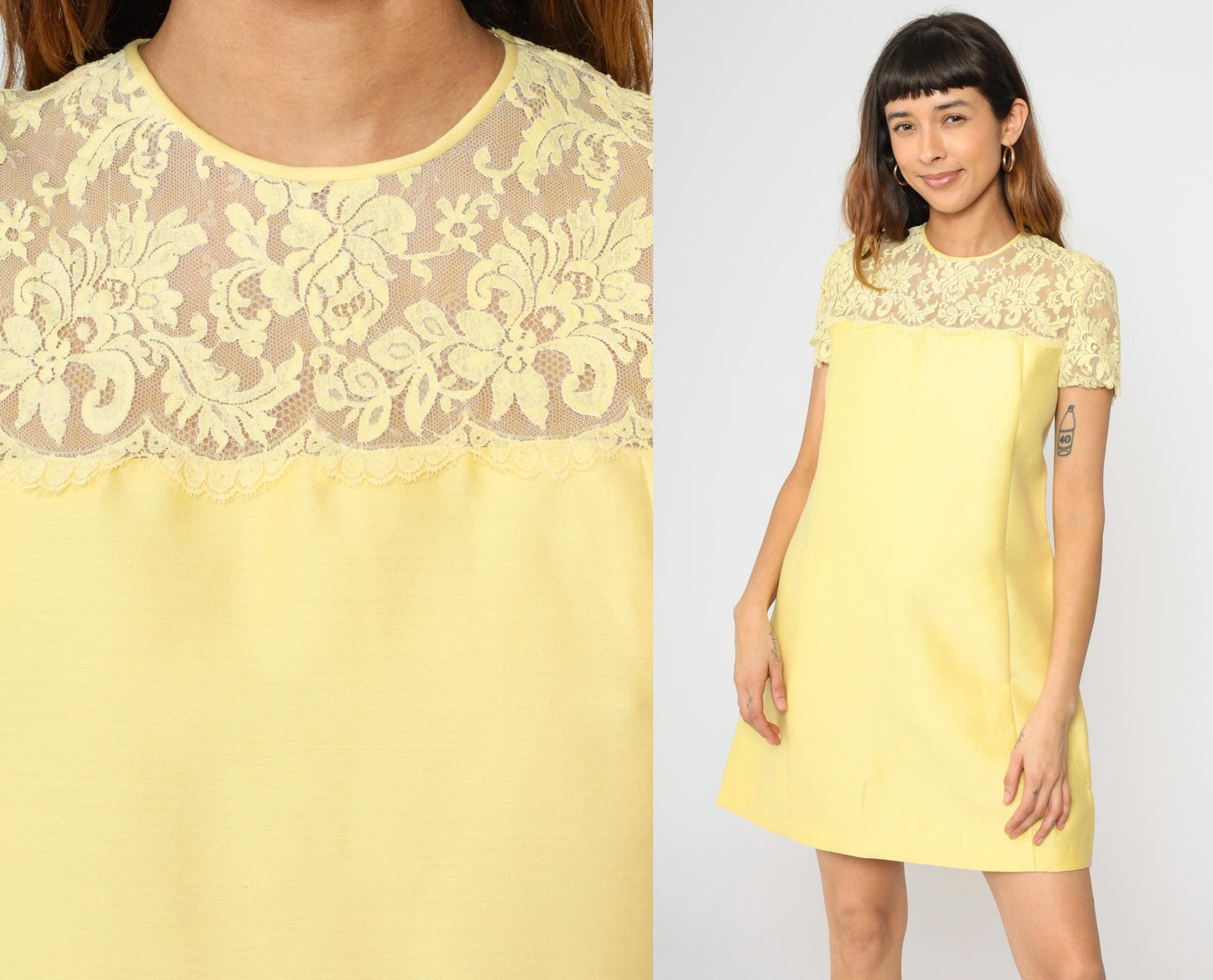 1960s Yellow Lace Yoke Mini Shift Dress Short Sleeve Pockets Small