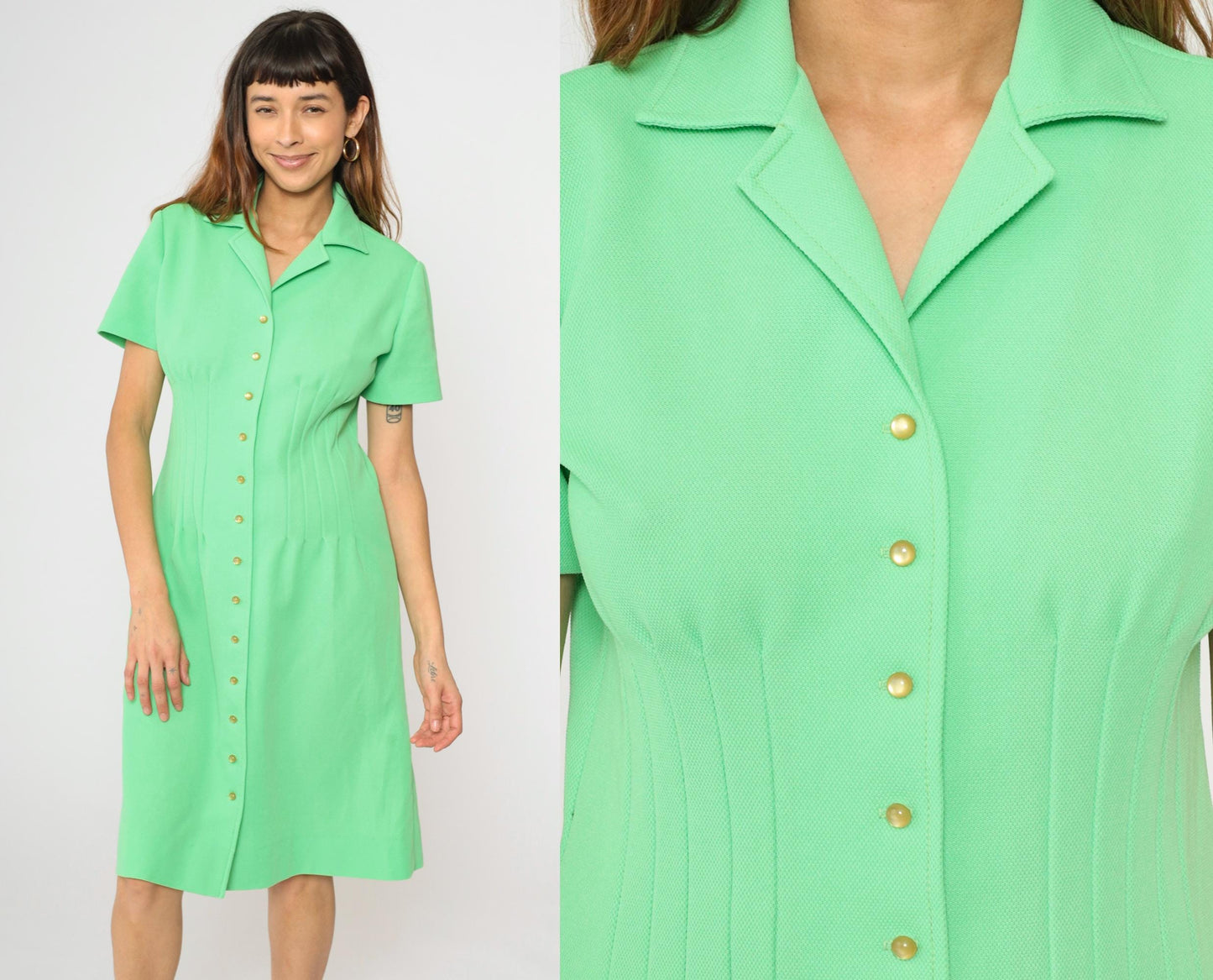70s Green Mod Mini Shirtdress Button-Up Shift Dress Pointed Collar Medium M