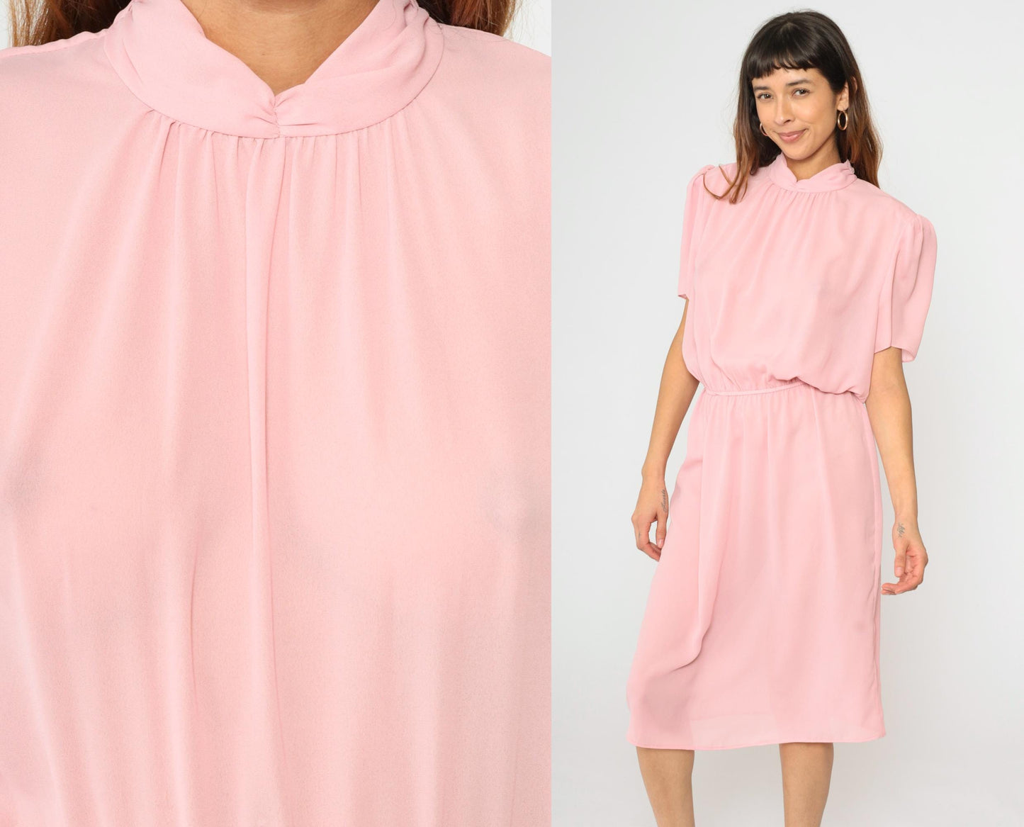 80s Pink Puff Sleeve Midi Dress High Waist Mock Neck Large L