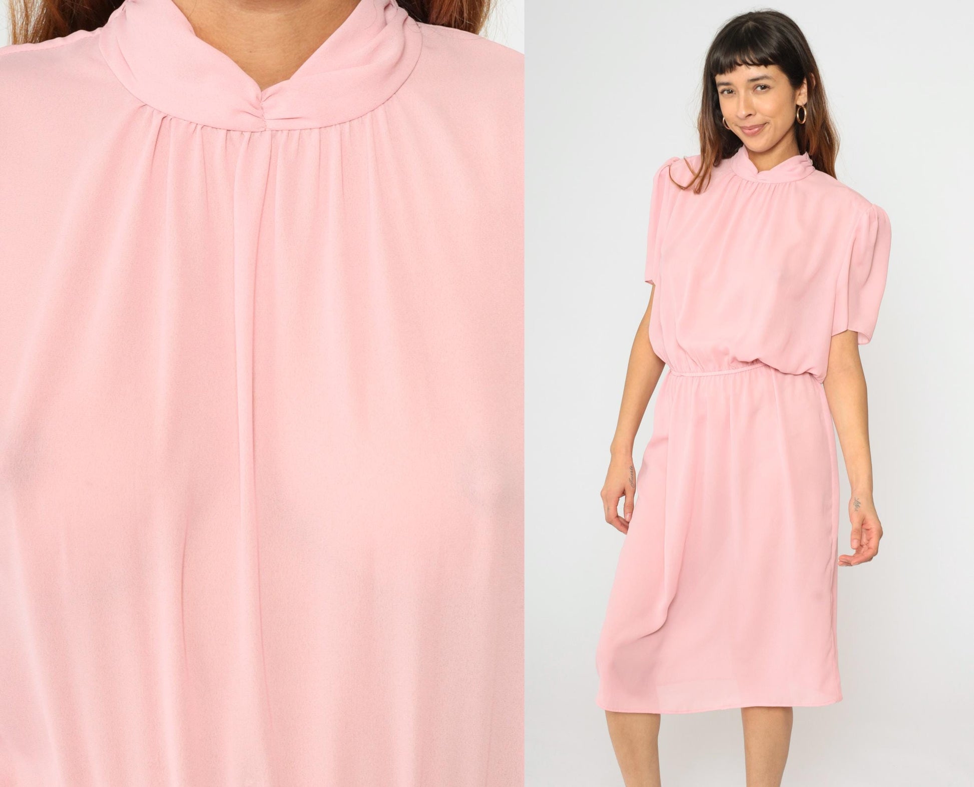80s Pink Puff Sleeve Midi Dress High Waist Mock Neck Large L