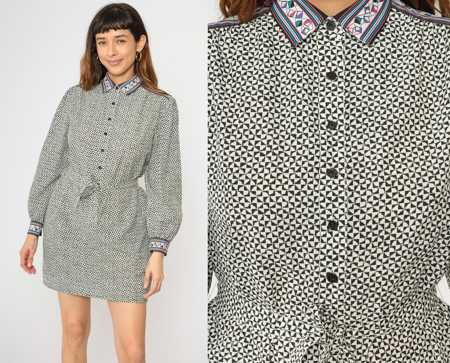 80s Geometric Triangle Tessellation Shirt Dress Black White Mini Medium