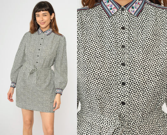 80s Geometric Triangle Tessellation Shirt Dress Black White Mini Medium
