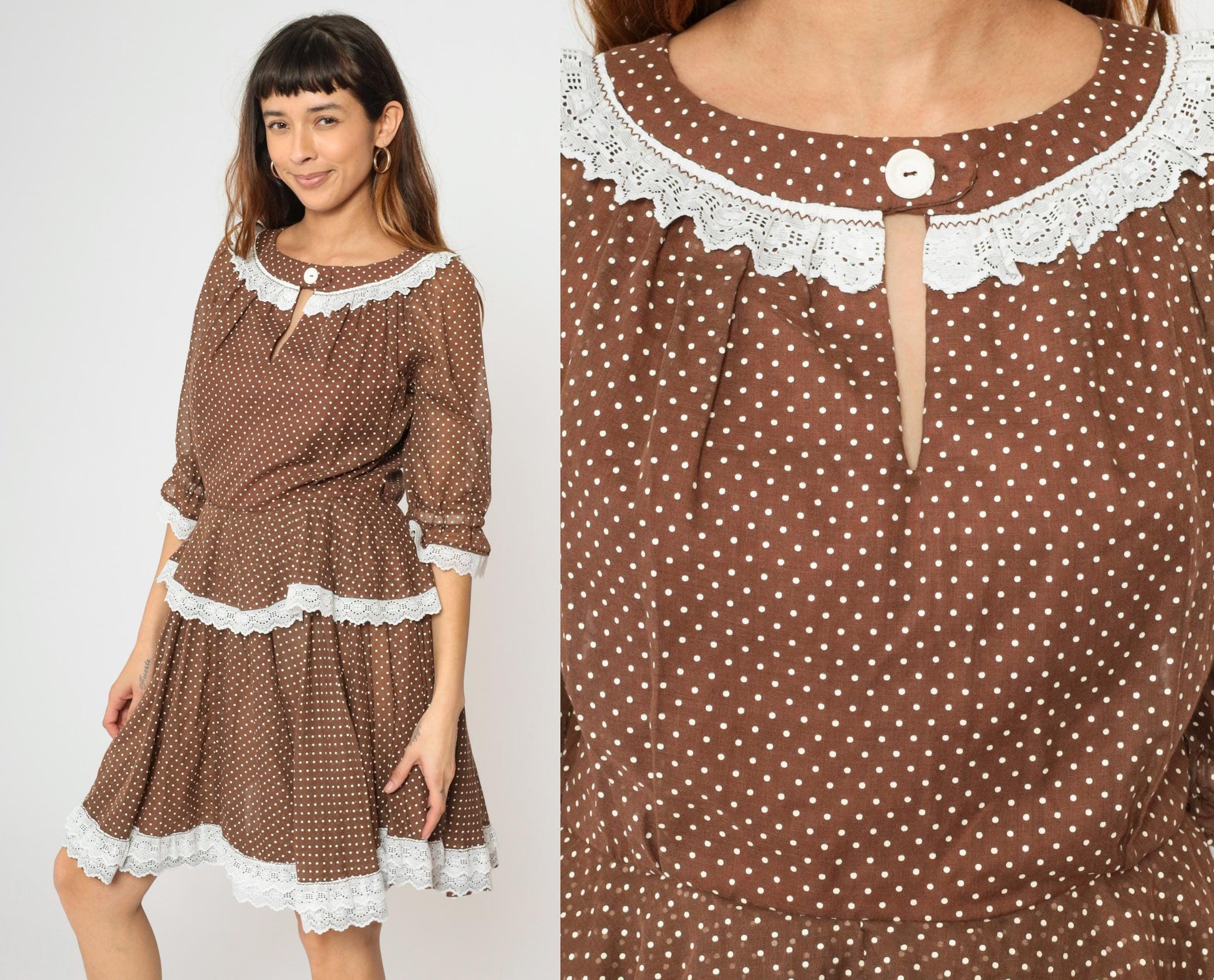 70s Brown Polka Dot Prairie Dress Keyhole Neck Tiered Skirt Medium